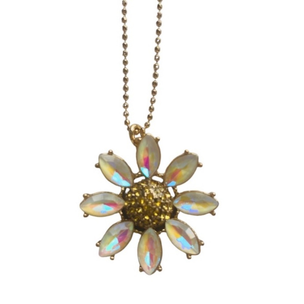 Betsey Johnson Iridescent Rhinestone Flower Necklace Gold Tone Signed
